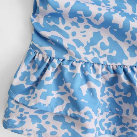 NWT Ruffles Abstract Print Cut Out Ruched Halter Dress - Light Blue (L) - Picture 5 of 8